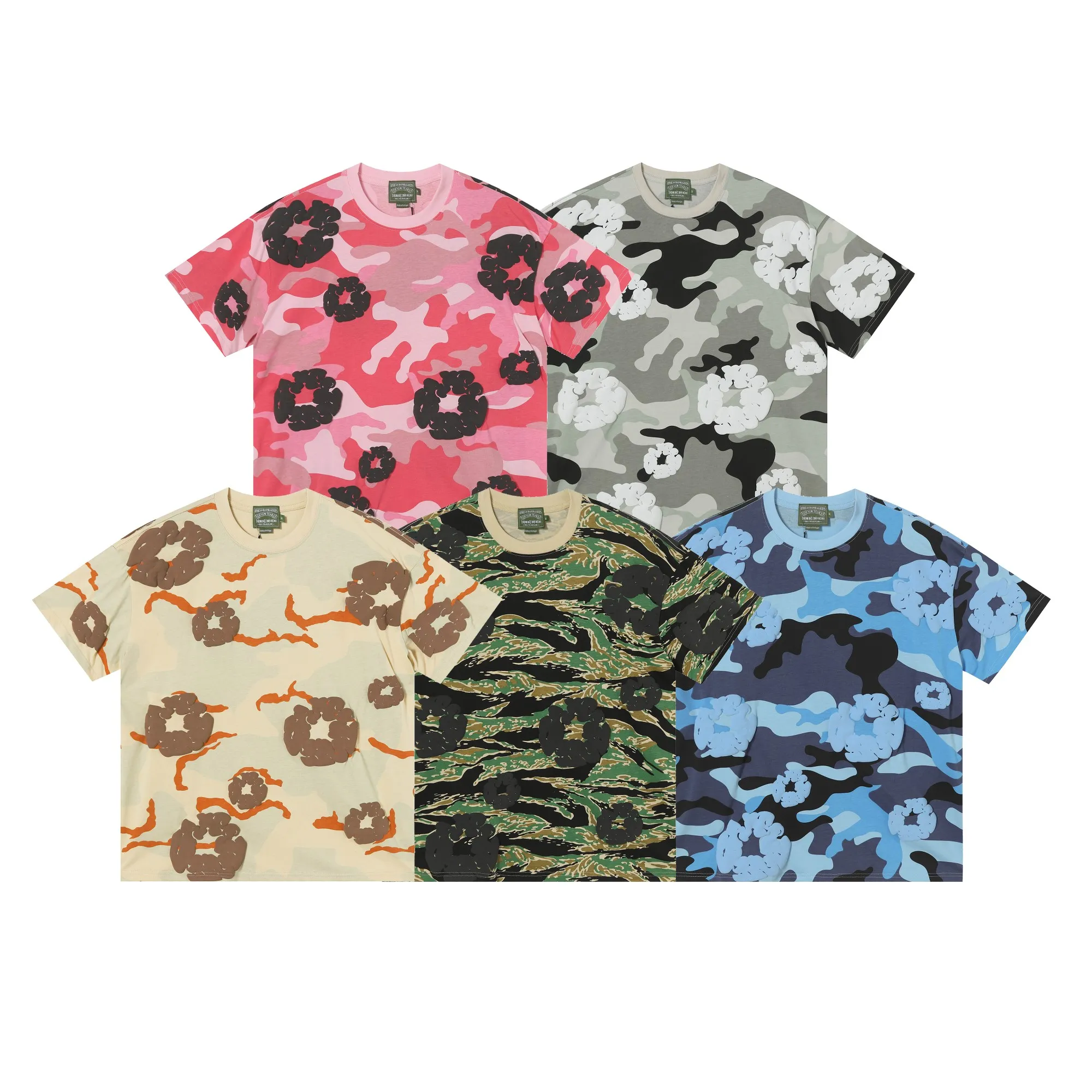 208# DENIM TEARS Kapok European and American trendy brand high quality foam flocking camouflage printed short-sleeved suit Color Camouflage blue Camouflage powder Camouflage gray Camouflage apricot Camouflage green Size S-XL